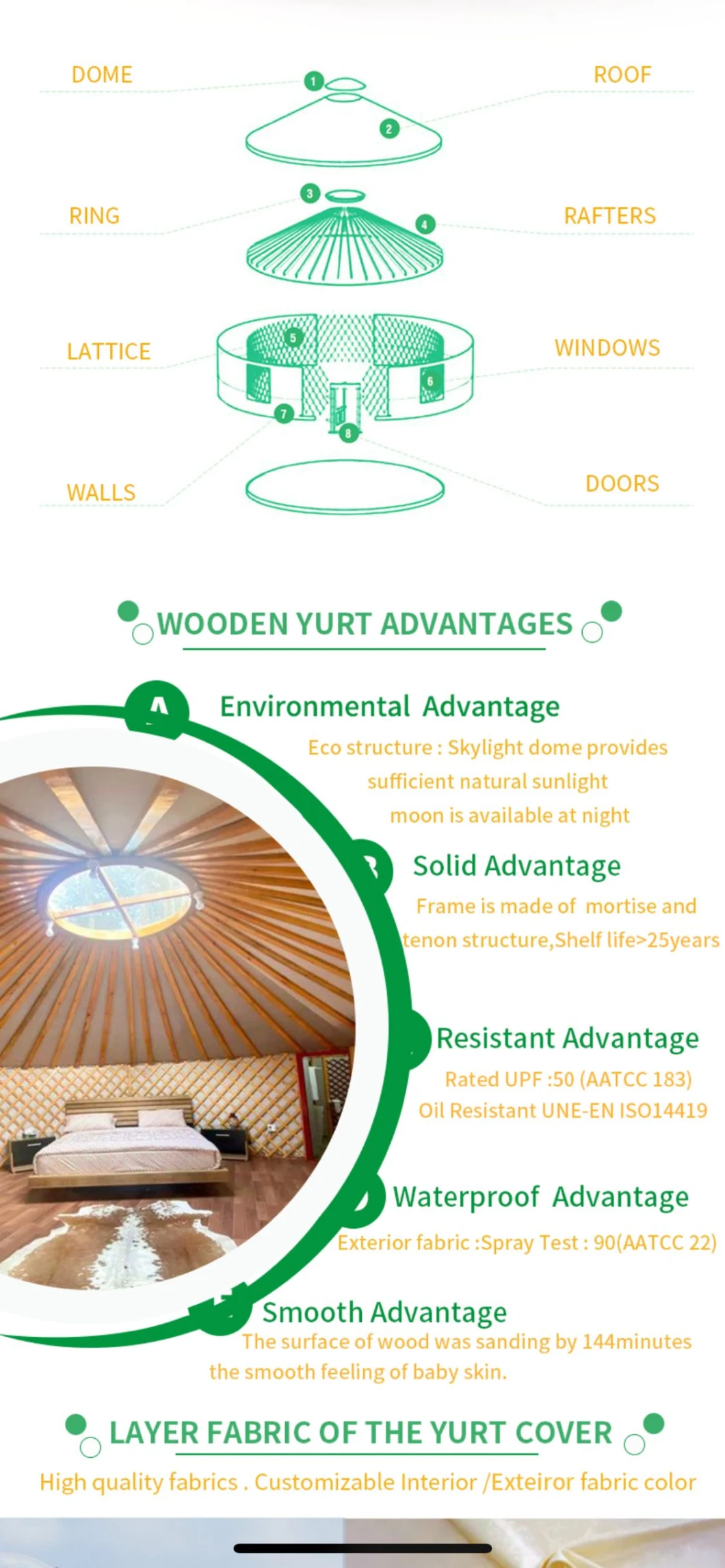Geodesic Dome Yurta Mongol Wooden House Luxury and Durable Mongolian Yurt 8m with Stove